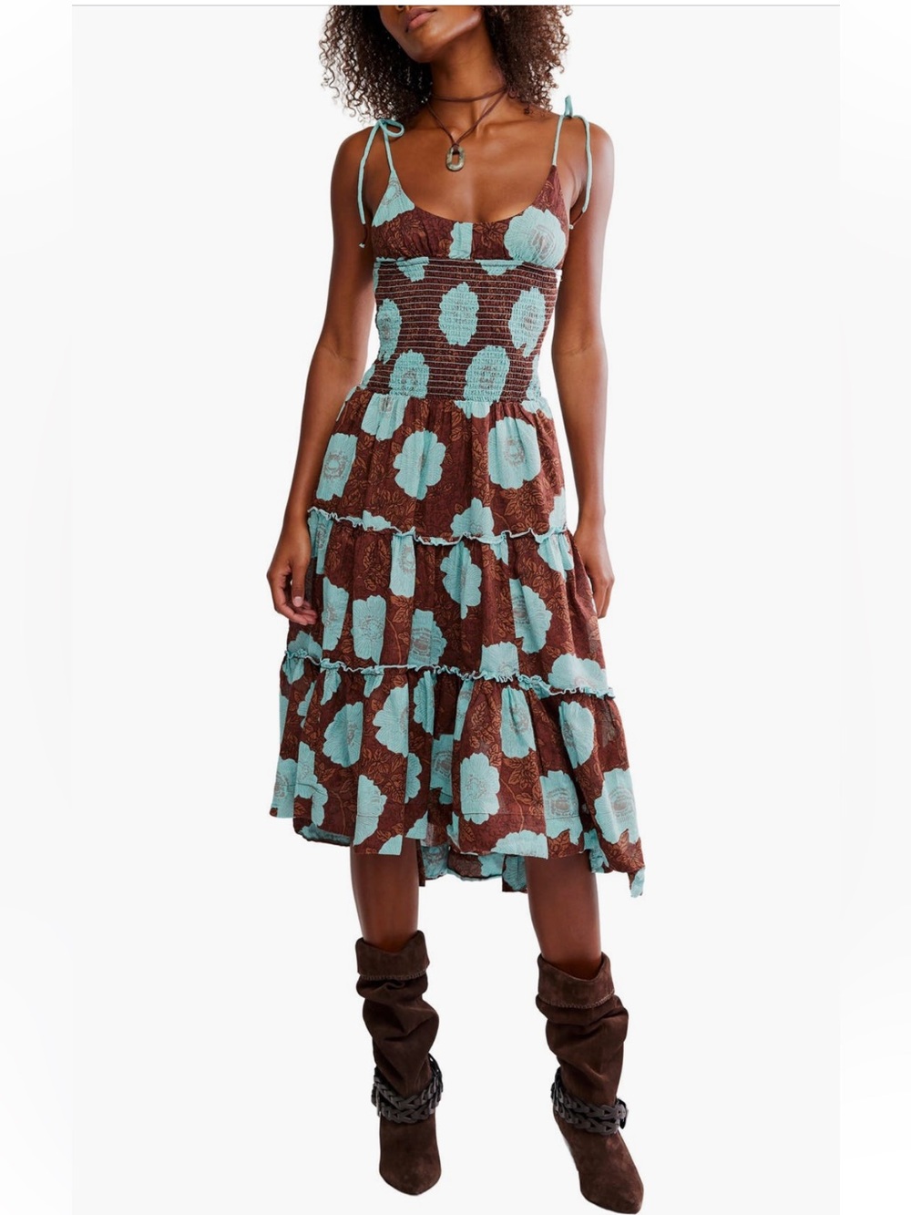 Free People Adriel Tie Strap Tiered Midi Dress - Nutmeg Combo 100% Cotton